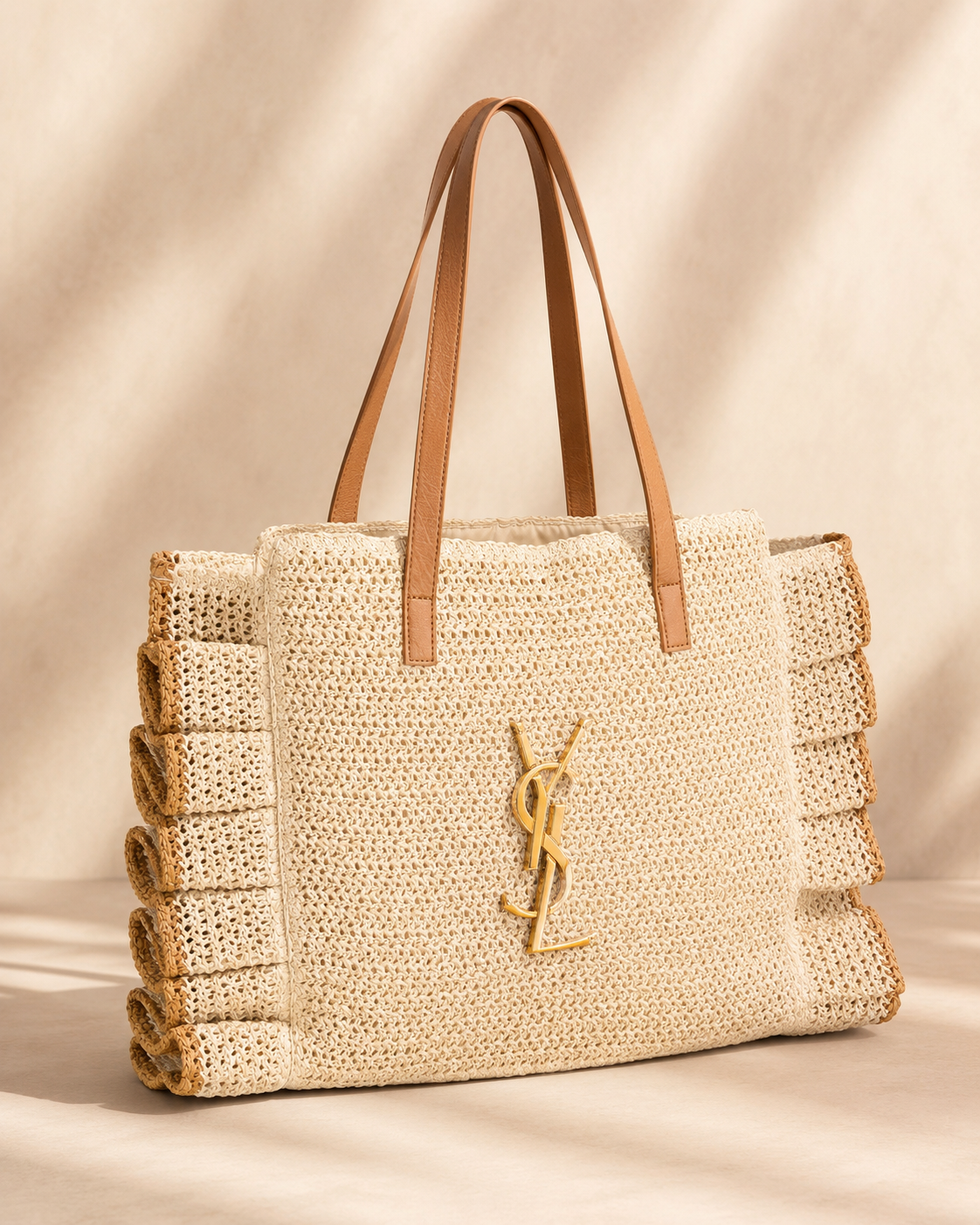 Lotus Edging Ruffled Raffia Tote Bag – Natural & Tan