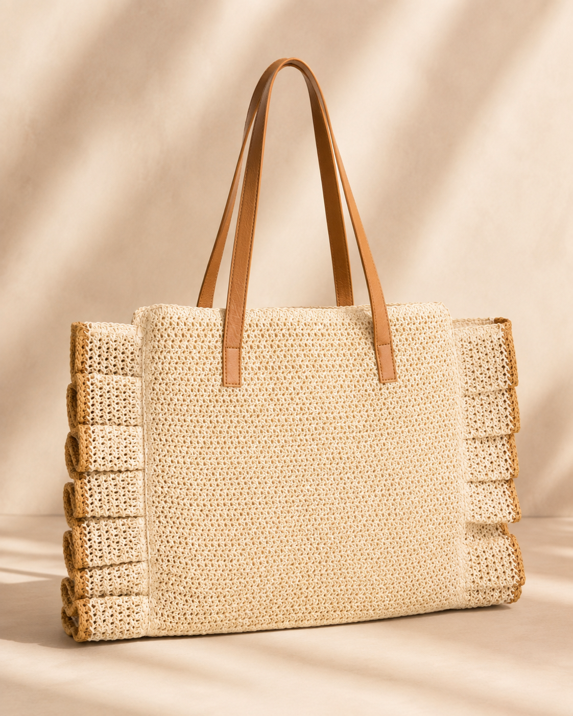 Lotus Edging Ruffled Raffia Tote Bag – Natural & Tan