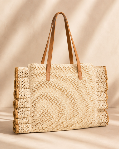 👑 Lotus Edging Ruffled Raffia Tote Bag – Natural & Tan