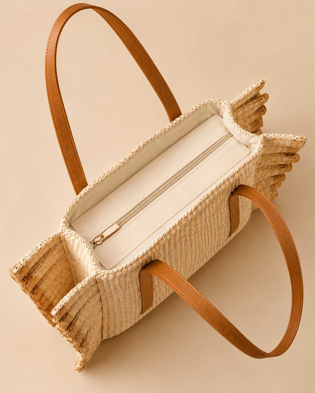 Lotus Edging Ruffled Raffia Tote Bag – Natural & Tan