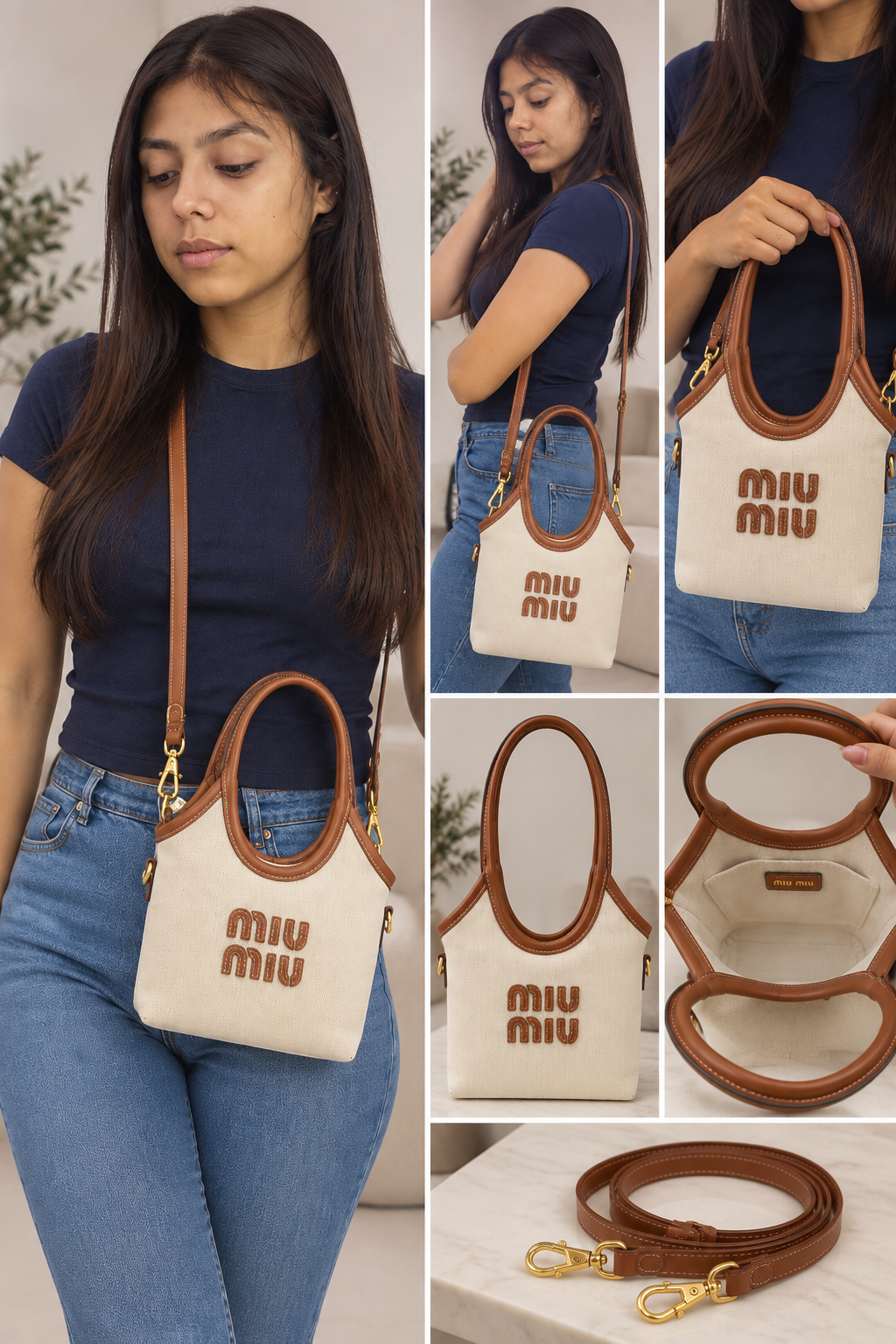 ✨Cream Woven Mini Tote & Crossbody Bag – Brown Trim