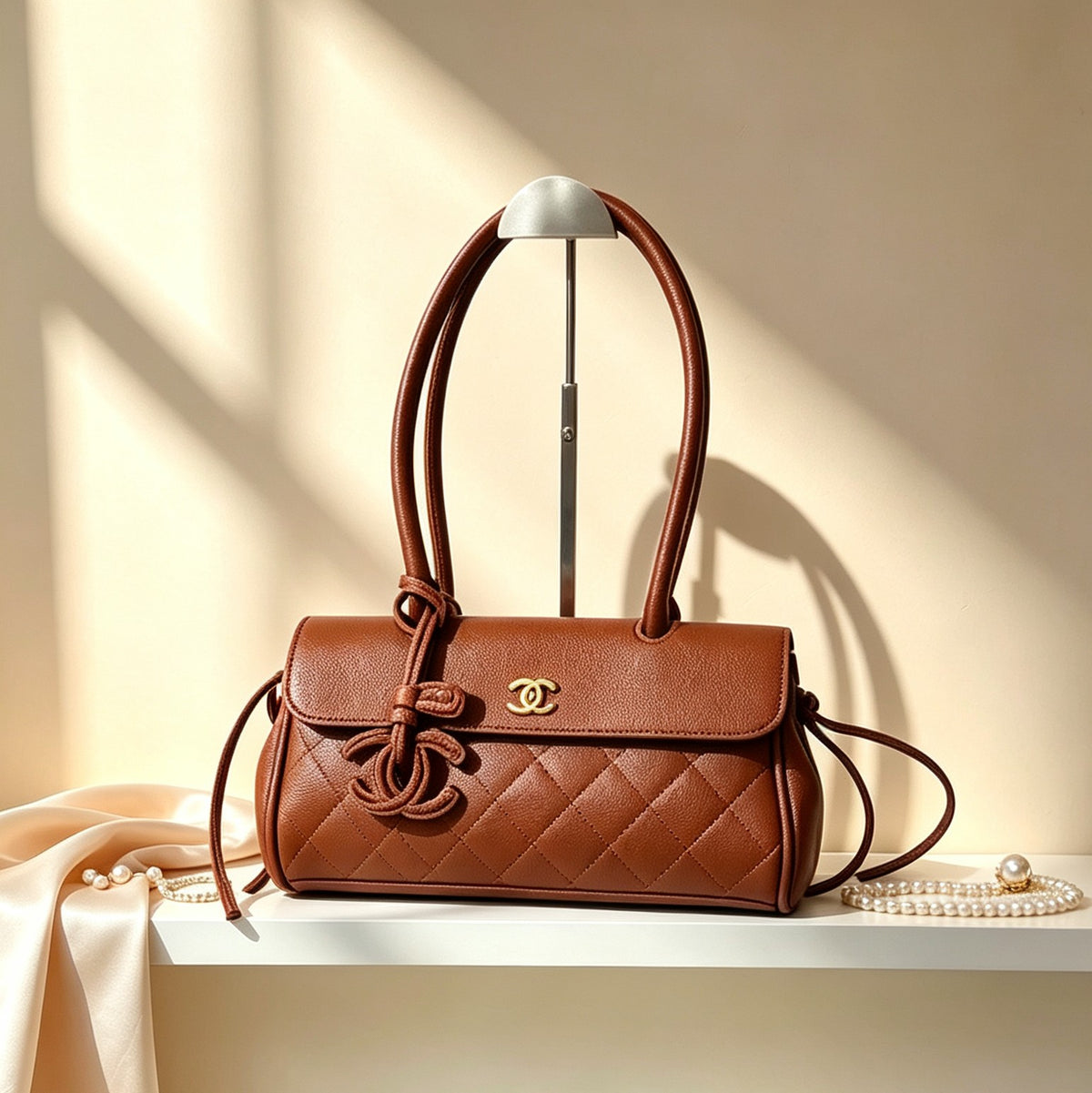 👑Brown Quilted East-West Fashion Handbag with Top Handles
