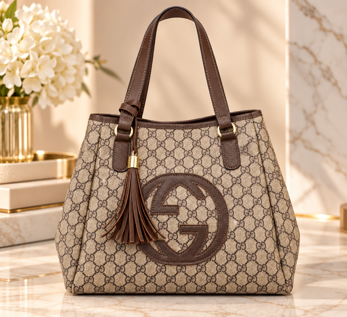 Monogram-Style Fashion Tote Bag – Brown & Tan