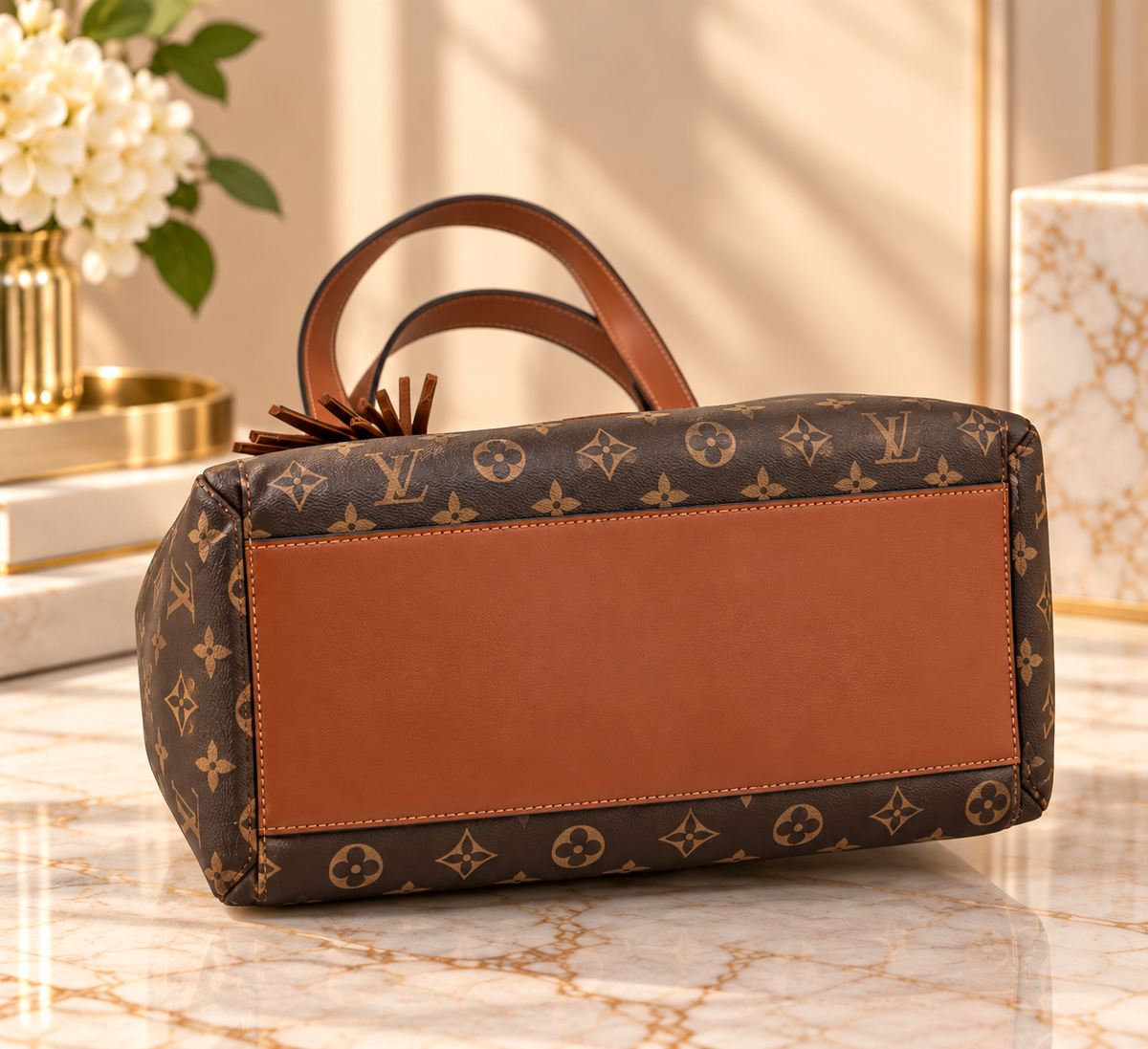 Monogram-Style Fashion Tote Bag – Brown & Tan