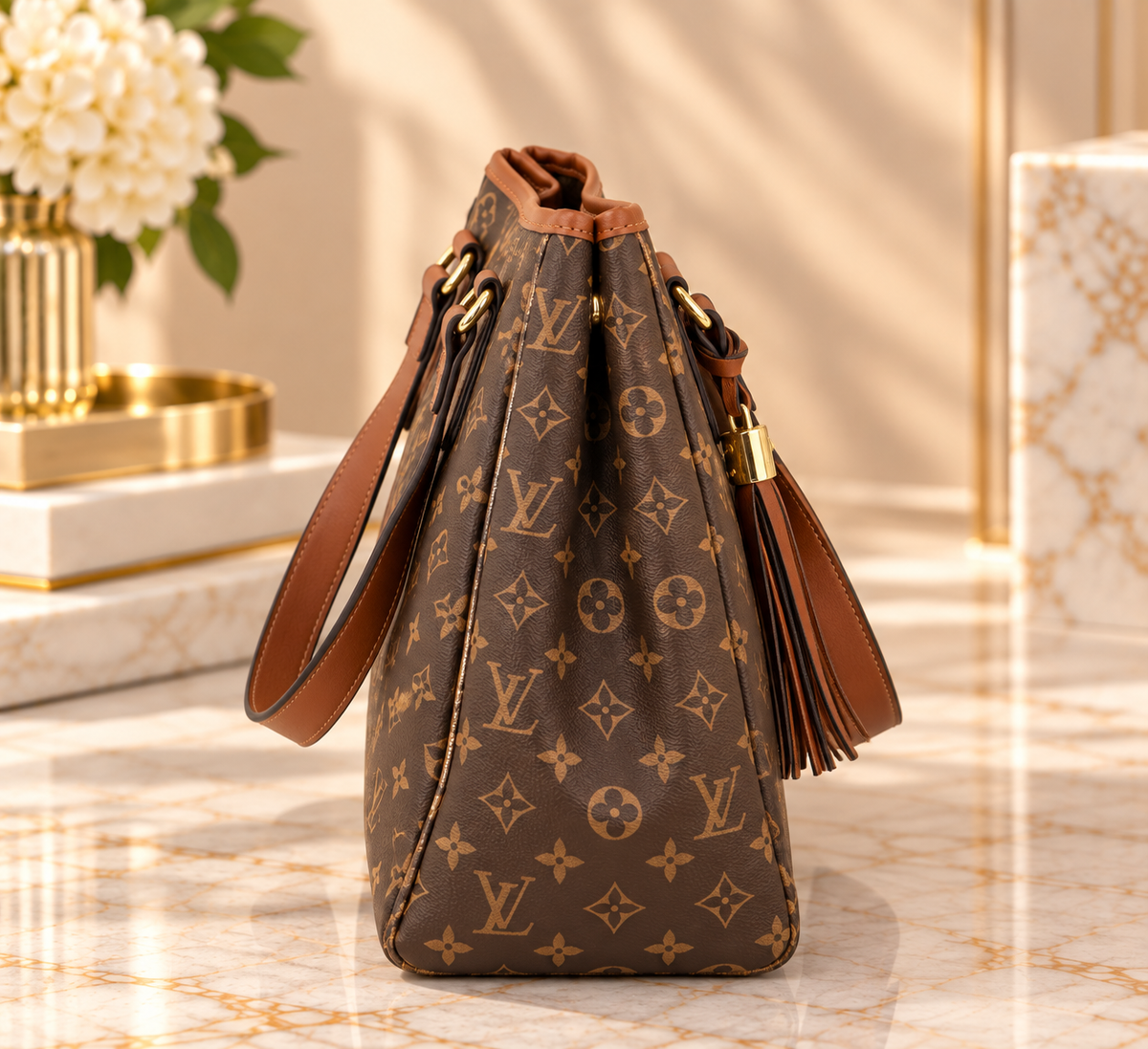 Monogram-Style Fashion Tote Bag – Brown & Tan