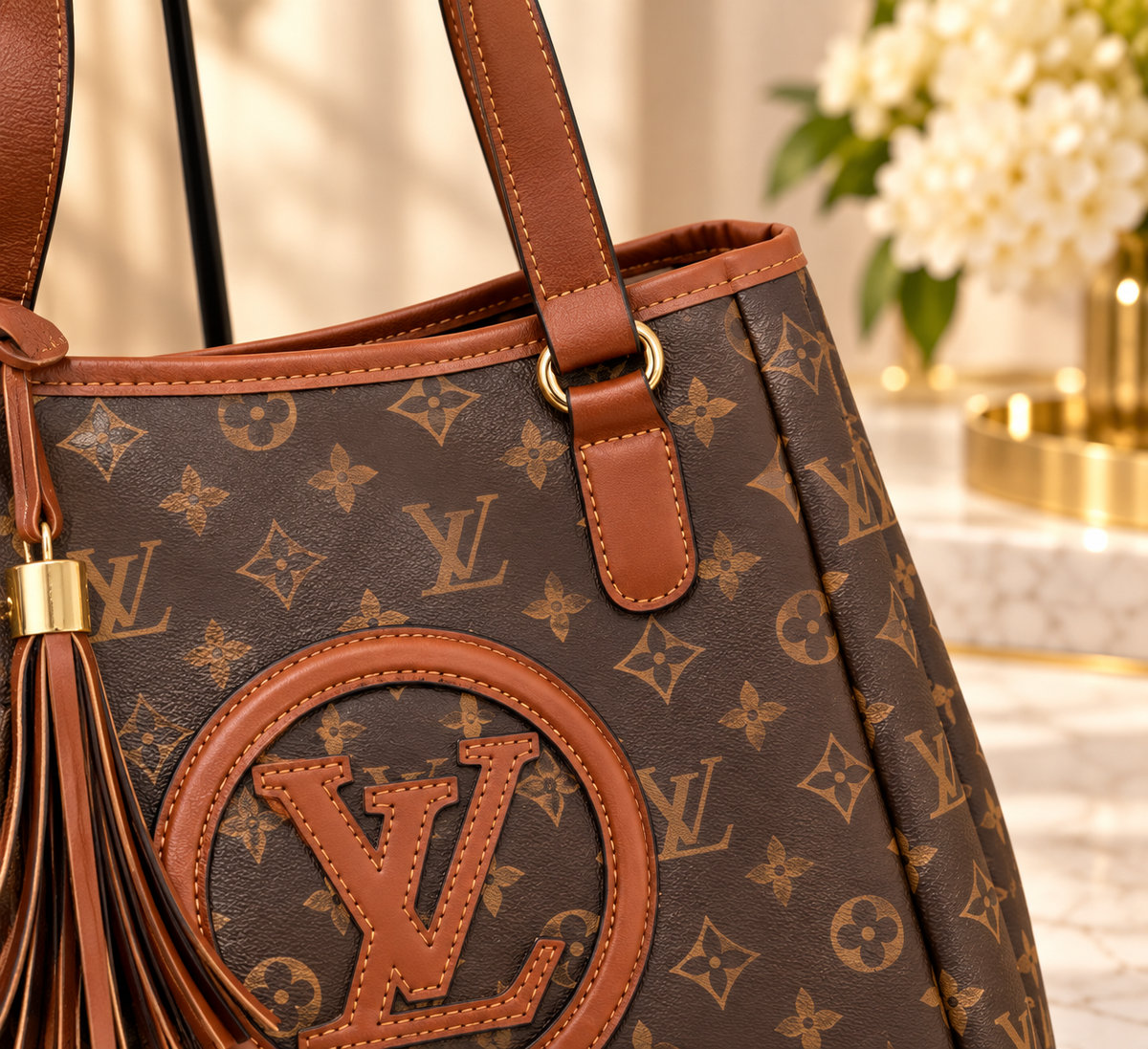 Monogram-Style Fashion Tote Bag – Brown & Tan