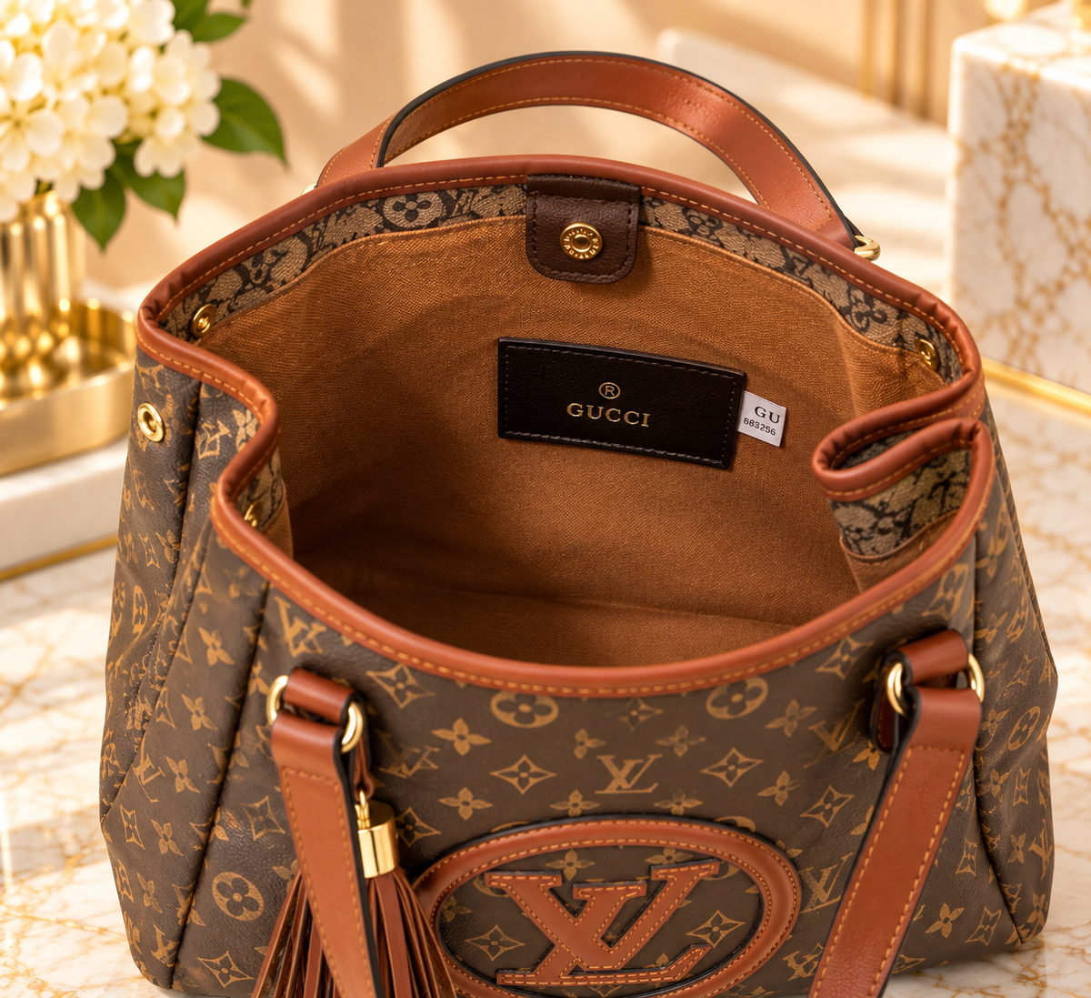 Monogram-Style Fashion Tote Bag – Brown & Tan