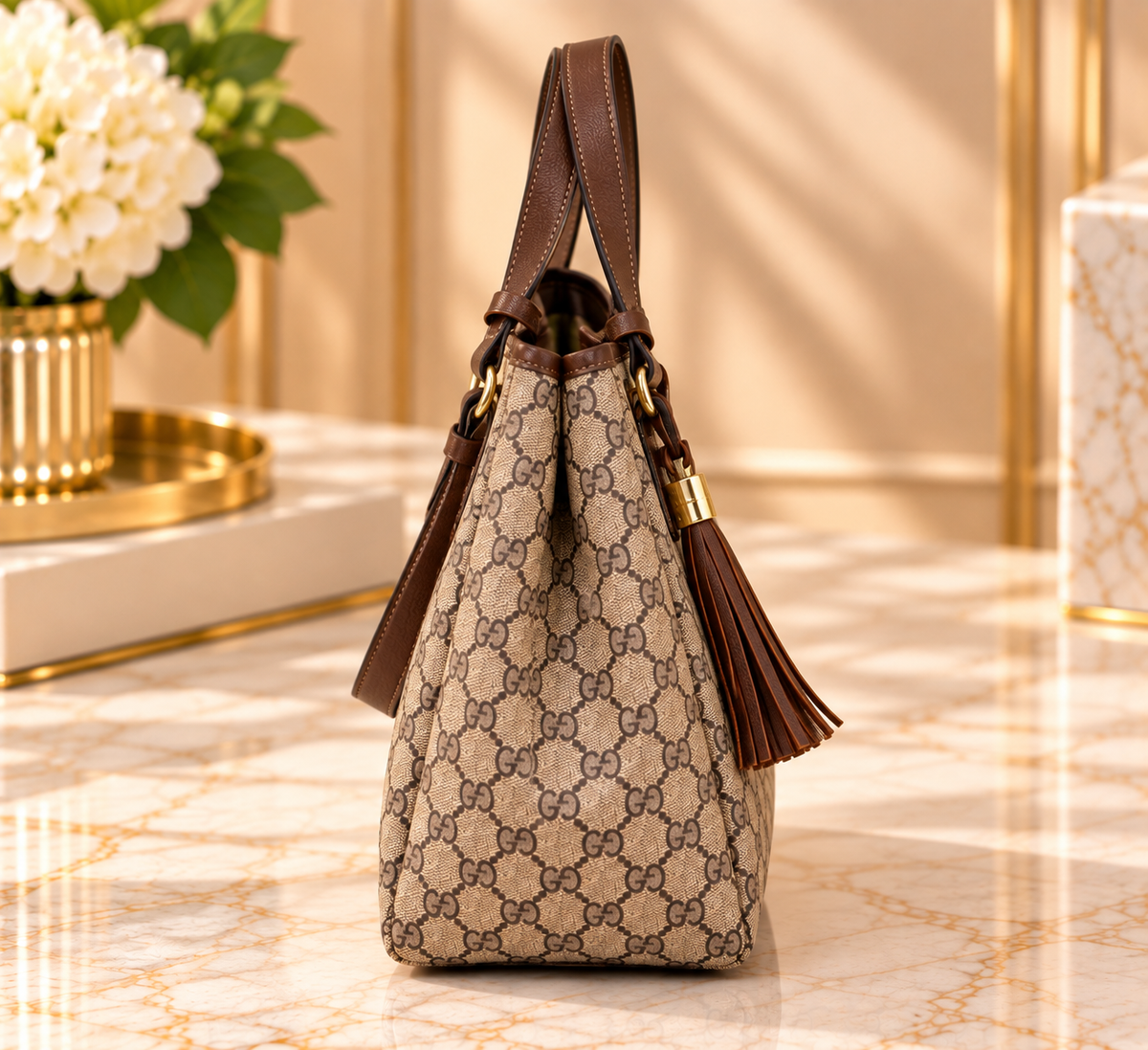 Monogram-Style Fashion Tote Bag – Brown & Tan