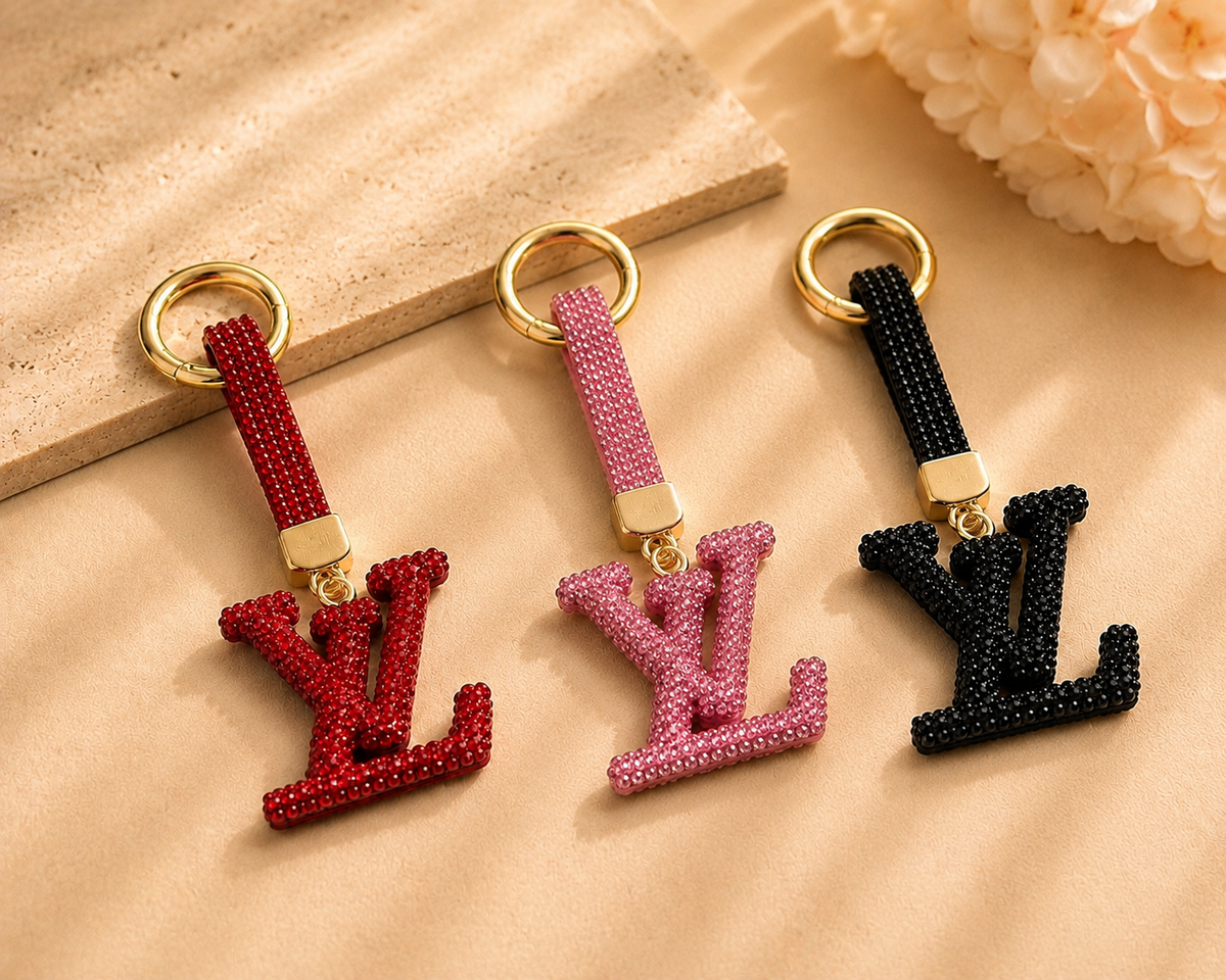 Crystal Monogram Fashion Keychain & Bag Charm – Black or Red