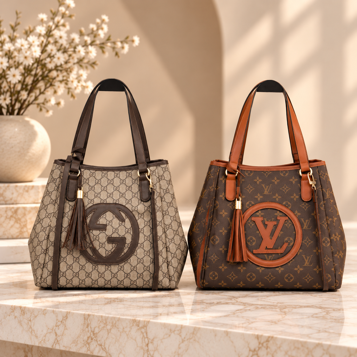 Monogram-Style Fashion Tote Bag – Brown & Tan
