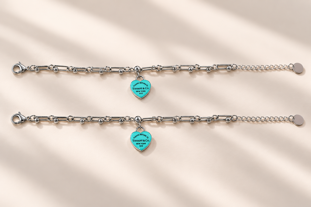 👑Heart Lock Charm Link Bracelet – Titanium Steel | Blue & Pink