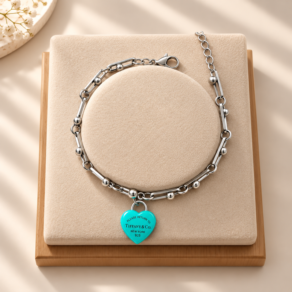 👑Heart Lock Charm Link Bracelet – Titanium Steel | Blue & Pink