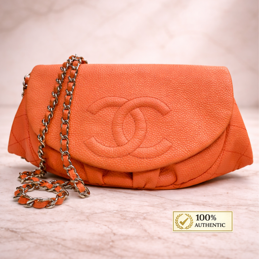 Chanel CORAL Caviar Leather Half Moon Wallet On Chain