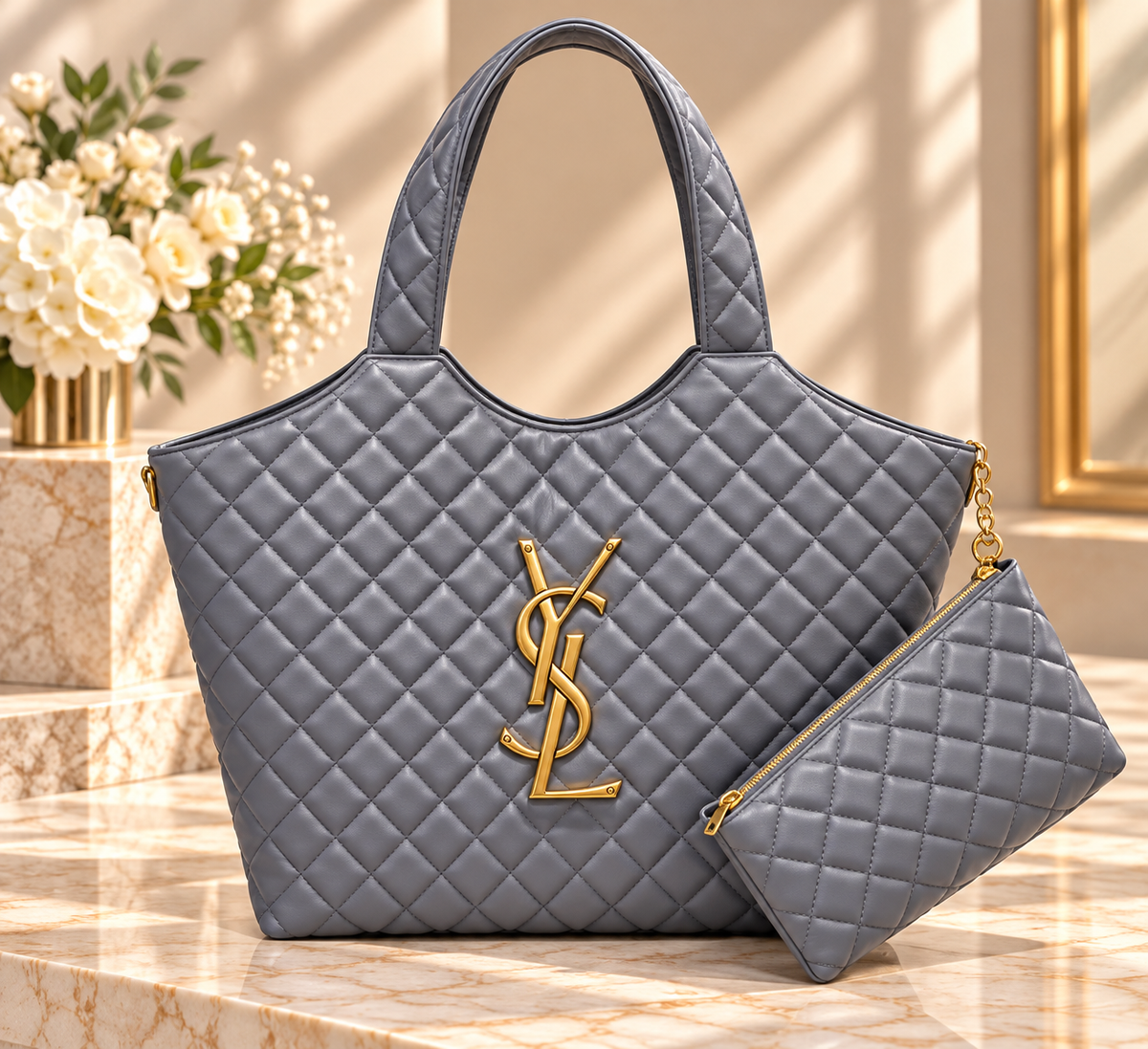 👑 Fashion Quilted Tote Bag with Matching Pouch | Multiple Colors