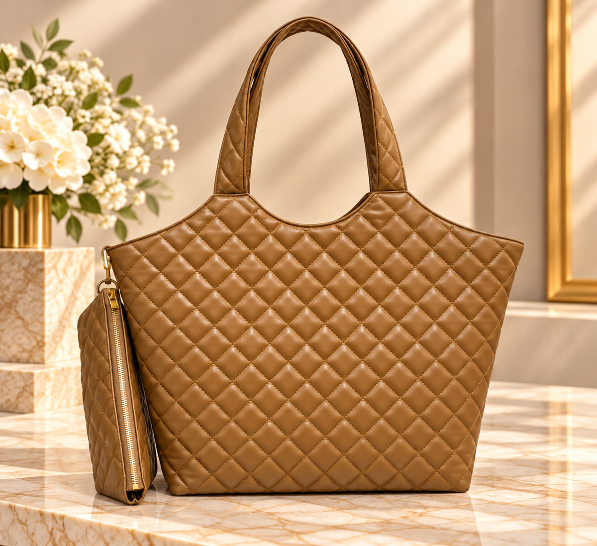👑 Fashion Quilted Tote Bag with Matching Pouch | Multiple Colors