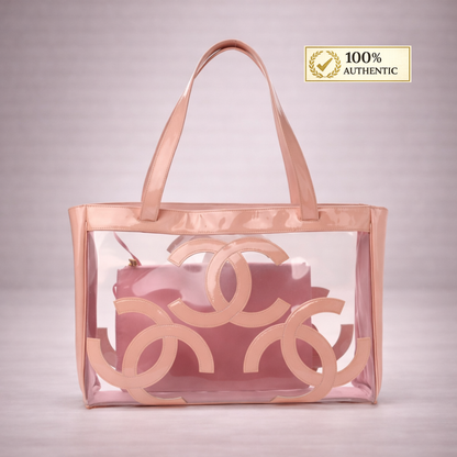 CHANEL 
Vinyl Patent CC Logo Beach Tote Pink