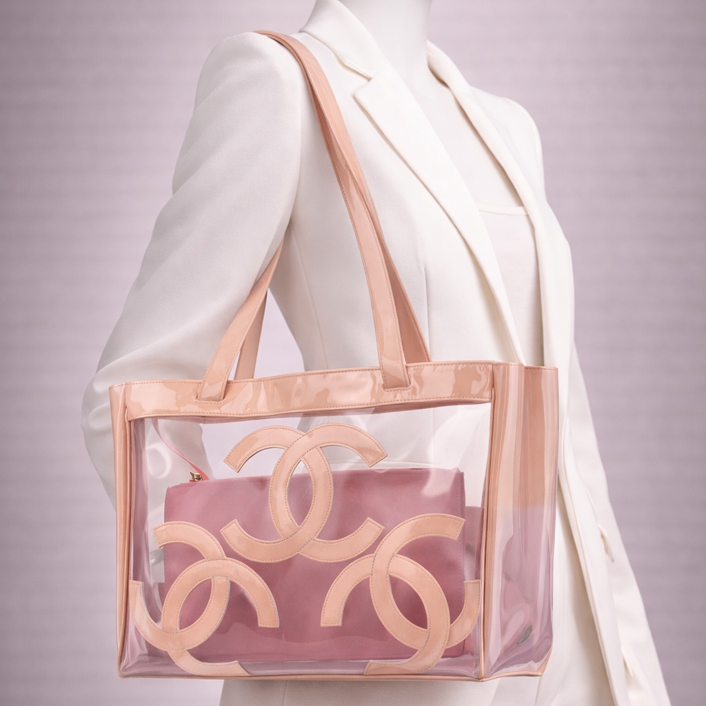 CHANEL 
Vinyl Patent CC Logo Beach Tote Pink