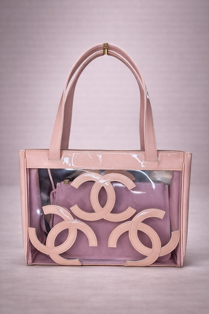 CHANEL 
Vinyl Patent CC Logo Beach Tote Pink