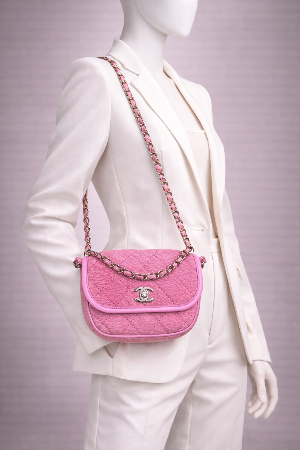 Chanel 21S Neon Pink Denim Small Messenger Bag