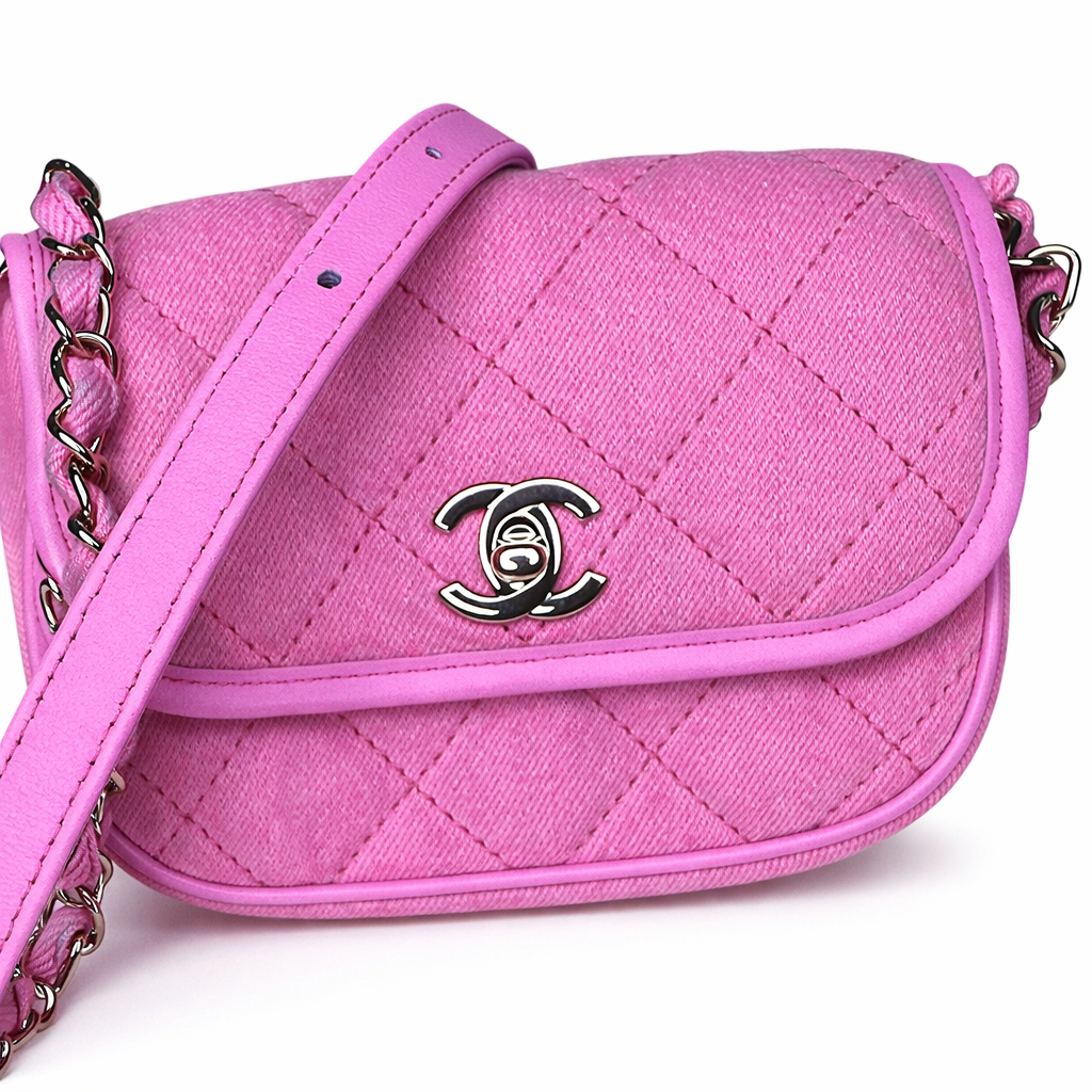 Chanel 21S Neon Pink Denim Small Messenger Bag