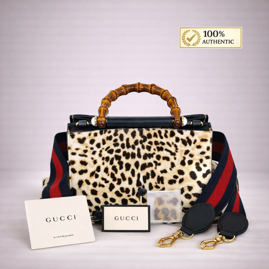 Gucci Leopard- Print Calf Hair Top Handle Bag with Bamboo Handles