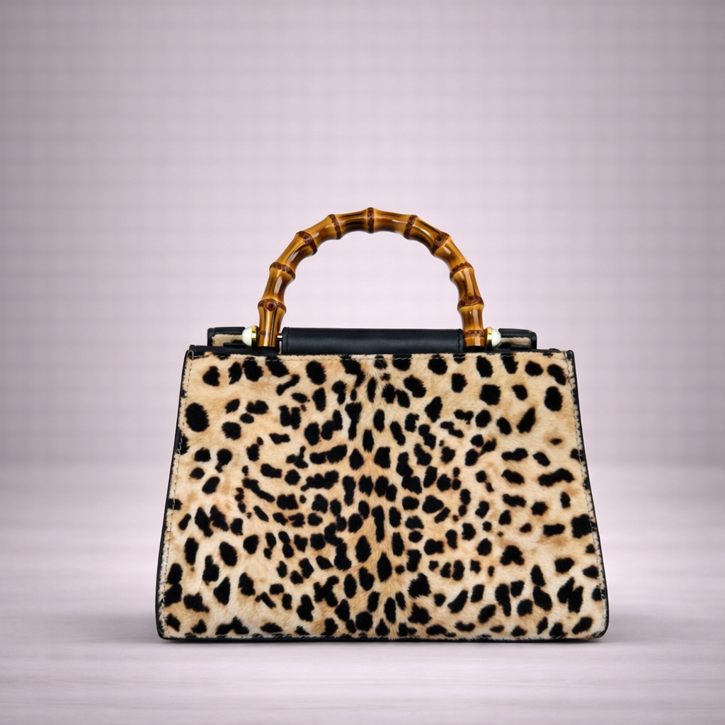 Gucci Leopard- Print Calf Hair Top Handle Bag with Bamboo Handles