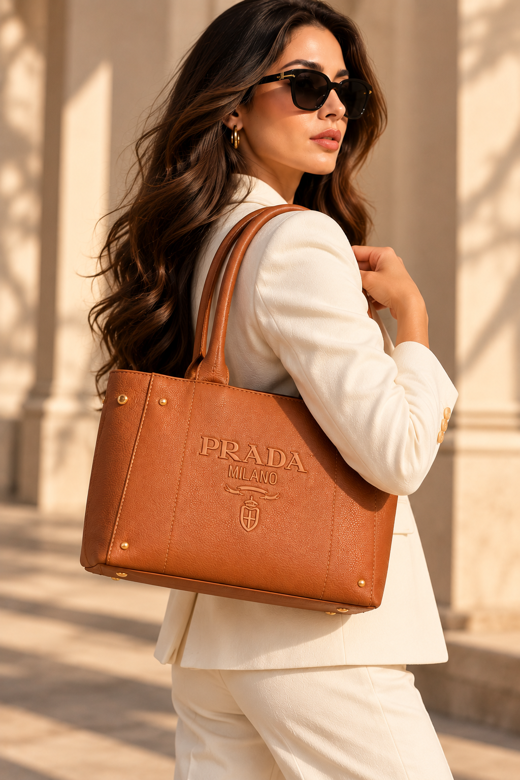 👑 Structured Pebbled-Texture Tote Bag with Detachable Strap | Caramel
