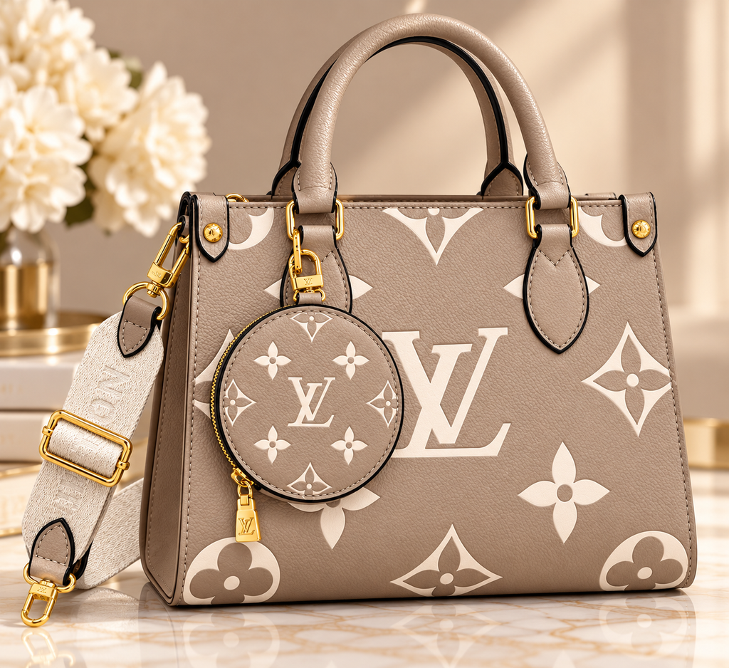 👑 Structured Tote Bag with Adjustable Strap & Matching Round Pouch | Taupe