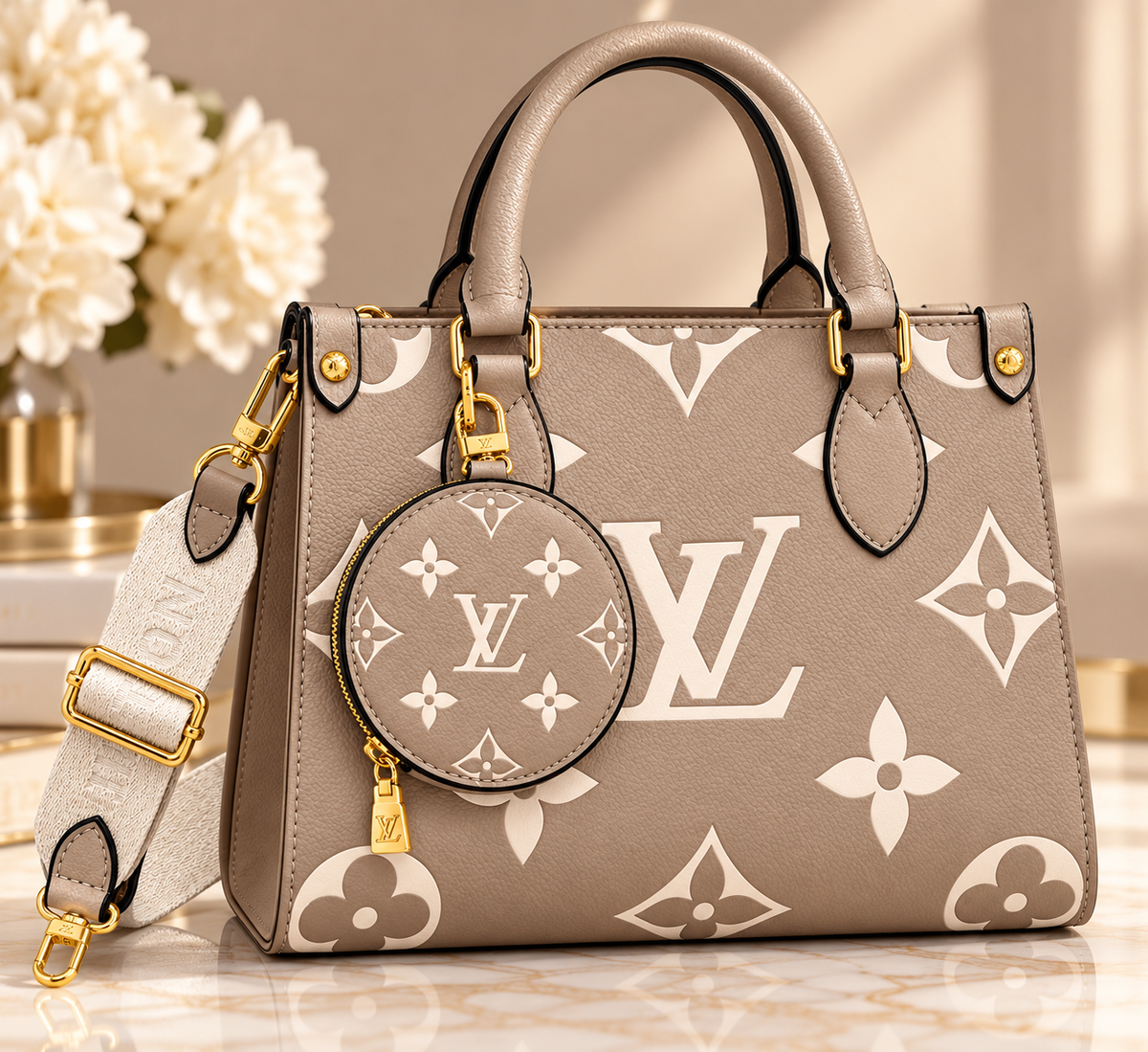 👑 Structured Tote Bag with Adjustable Strap & Matching Round Pouch | Taupe