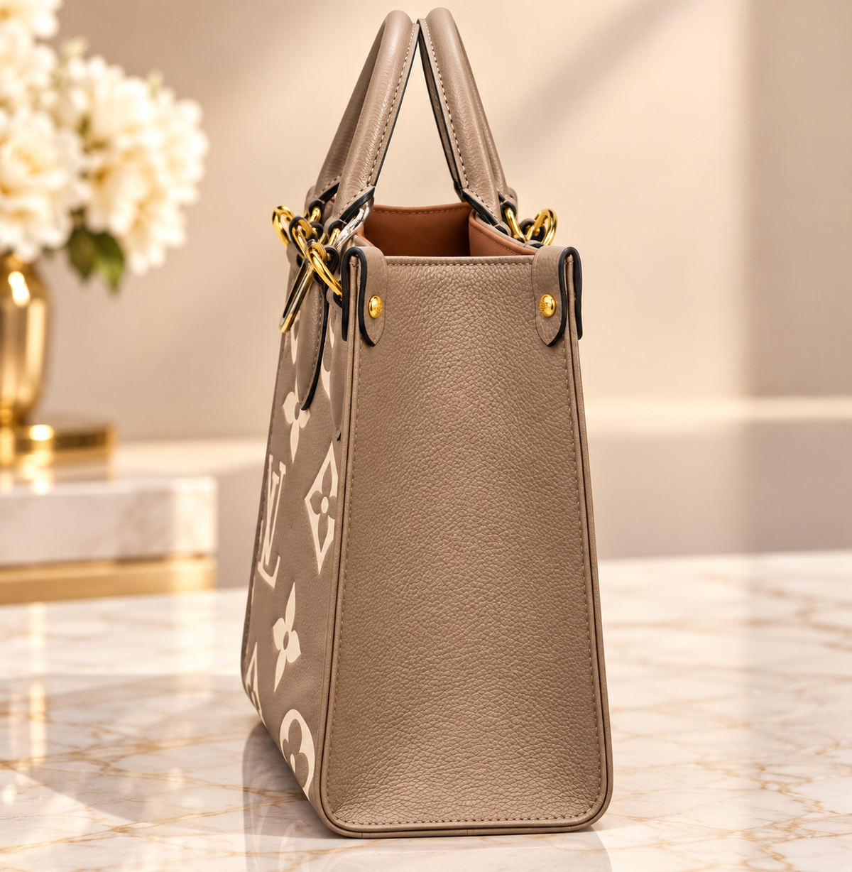 👑 Structured Tote Bag with Adjustable Strap & Matching Round Pouch | Taupe
