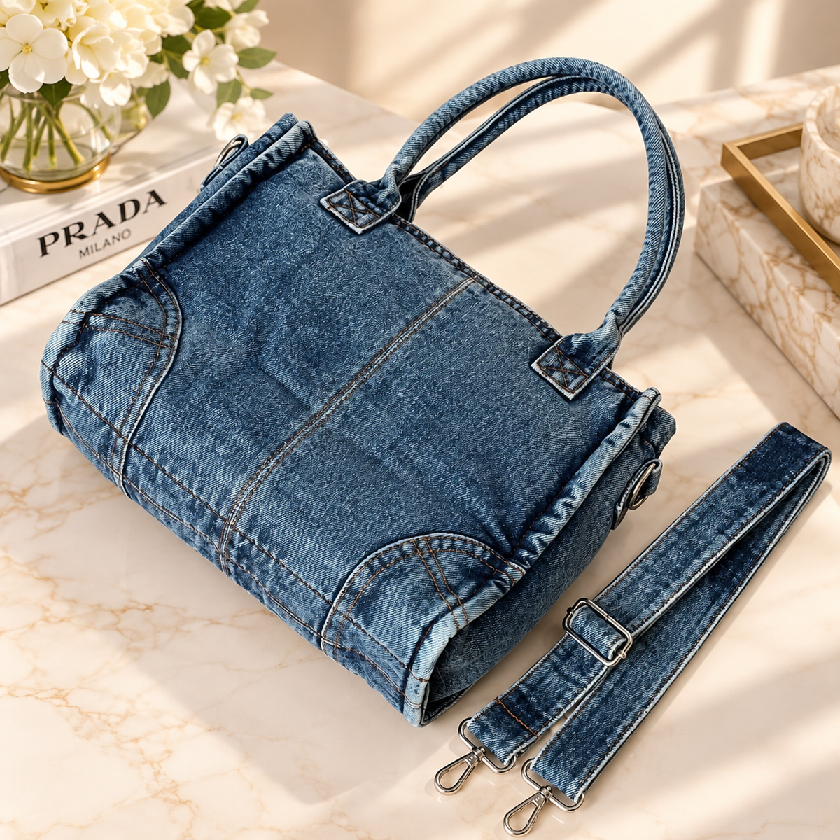 👑 GWP Prada Denim Tote Bag | 3 Colors | Detachable Shoulder Strap