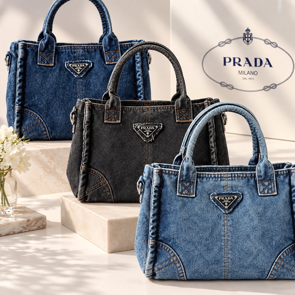👑 GWP Prada Denim Tote Bag | 3 Colors | Detachable Shoulder Strap