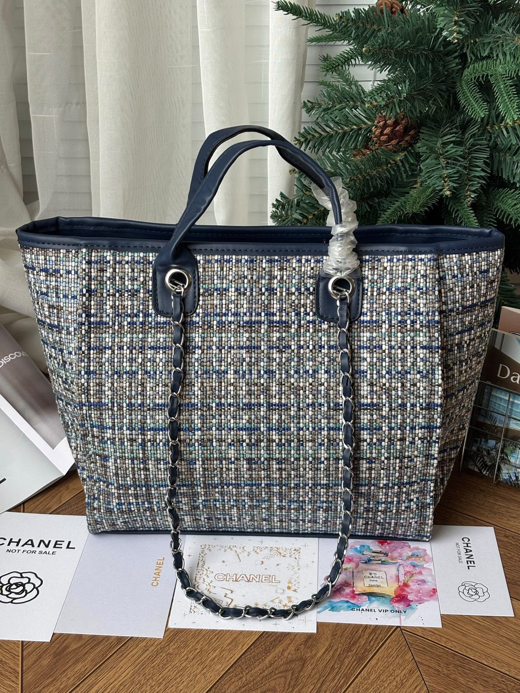 👑 GWP Chanel Coarse Tweed Tote Bag | Dark Blue | Chain Shoulder Straps