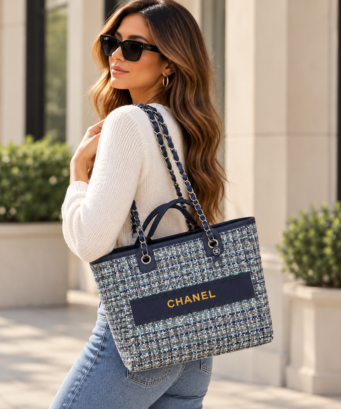 👑 GWP Chanel Coarse Tweed Tote Bag | Dark Blue | Chain Shoulder Straps