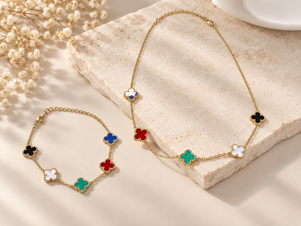 ⭐️ Fashion Multicolor Five-Clover Necklace & Bracelet Set | Gold Tone