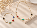 ⭐️ Fashion Multicolor Five-Clover Necklace & Bracelet Set | Gold Tone