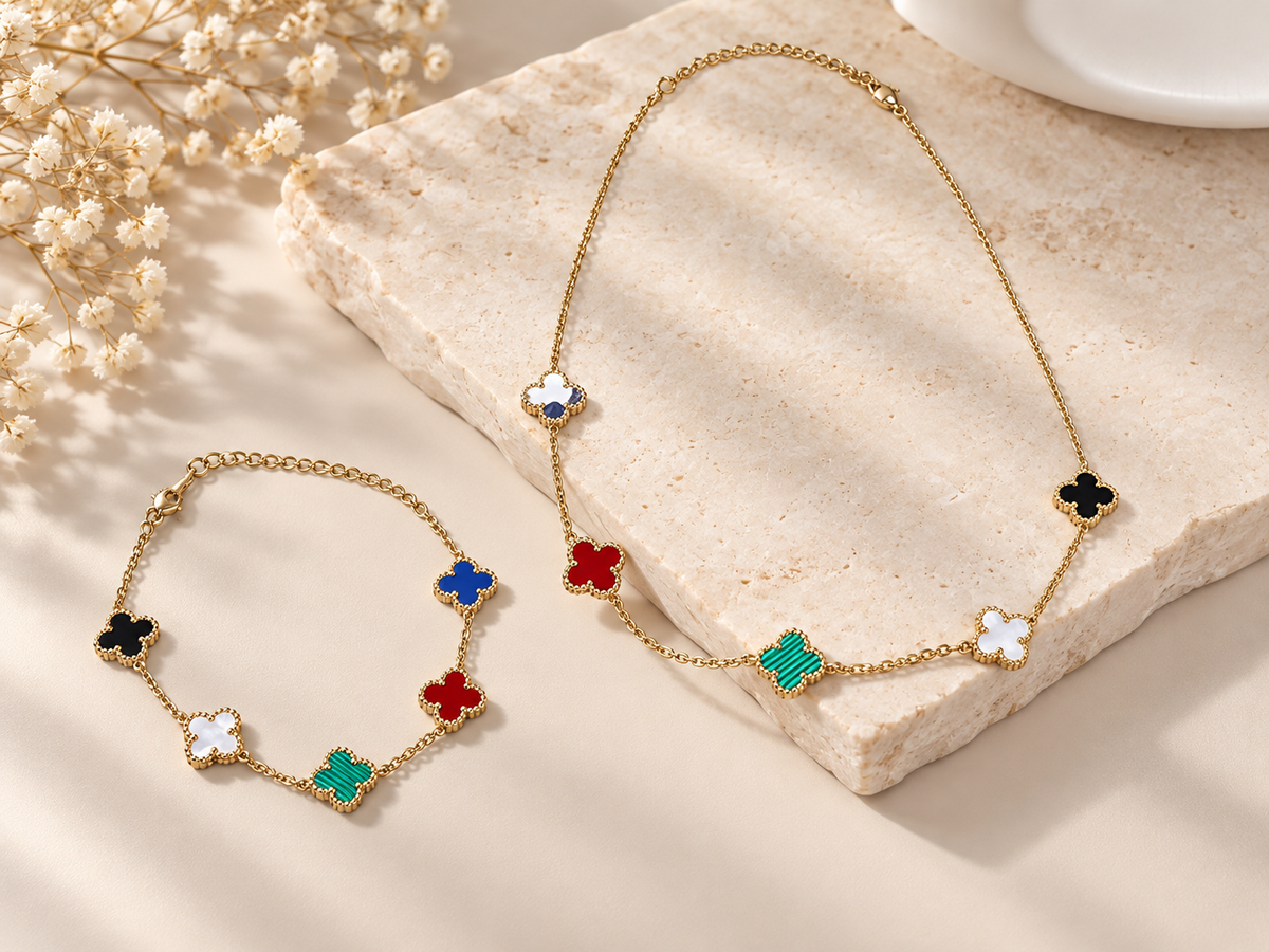 ⭐️ Fashion Multicolor Five-Clover Necklace & Bracelet Set | Gold Tone