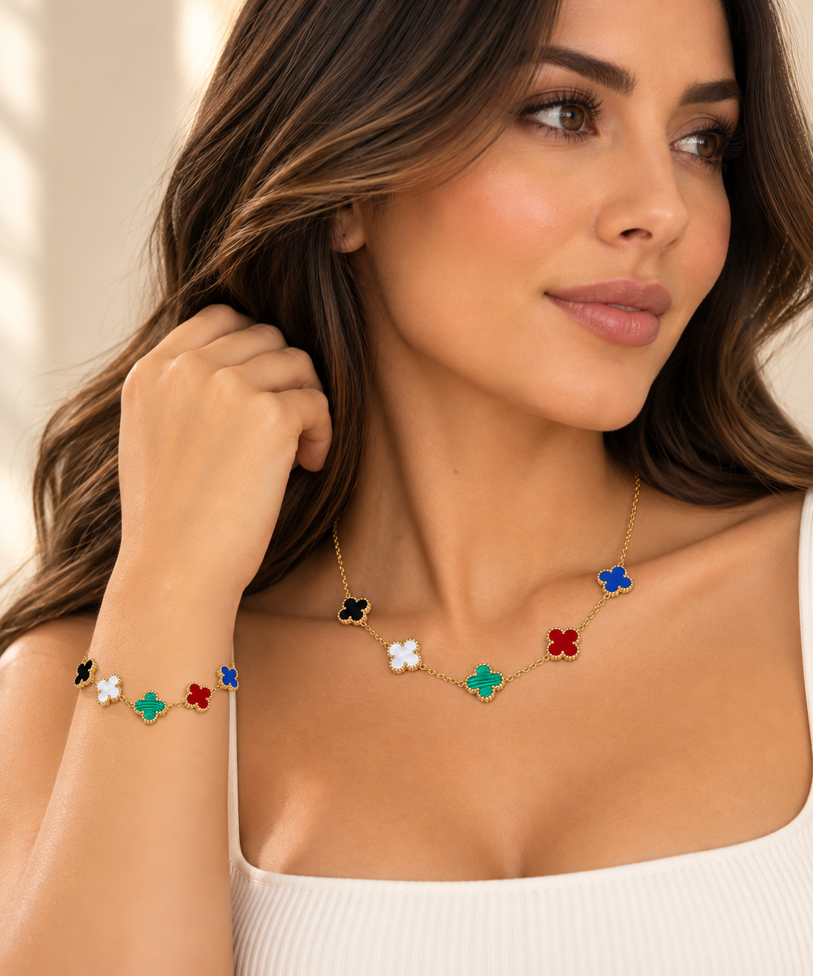 ⭐️ Fashion Multicolor Five-Clover Necklace & Bracelet Set | Gold Tone