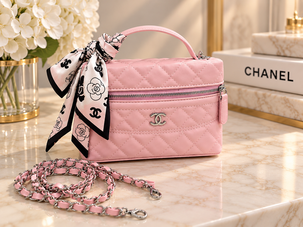 👑 Fashion Pink Quilted Vanity Bag | Silver Hardware & Matching Accessories