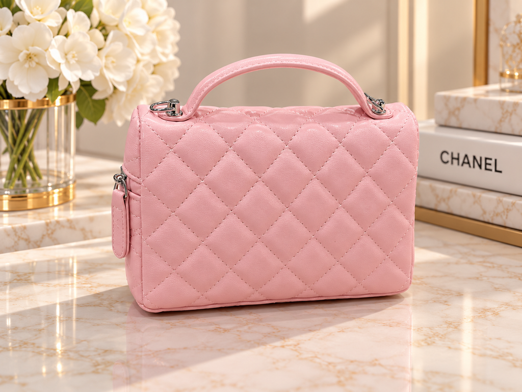 👑 Fashion Pink Quilted Vanity Bag | Silver Hardware & Matching Accessories