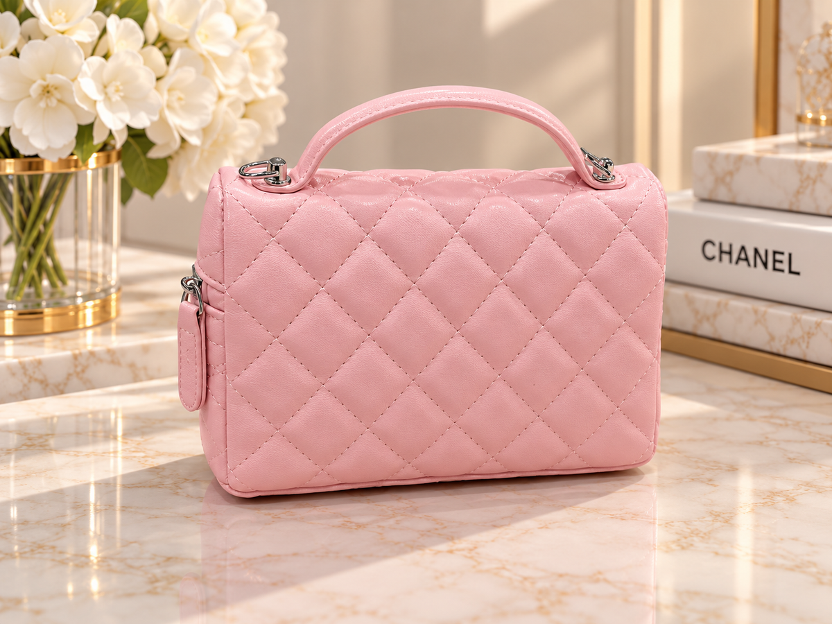👑 Fashion Pink Quilted Vanity Bag | Silver Hardware & Matching Accessories