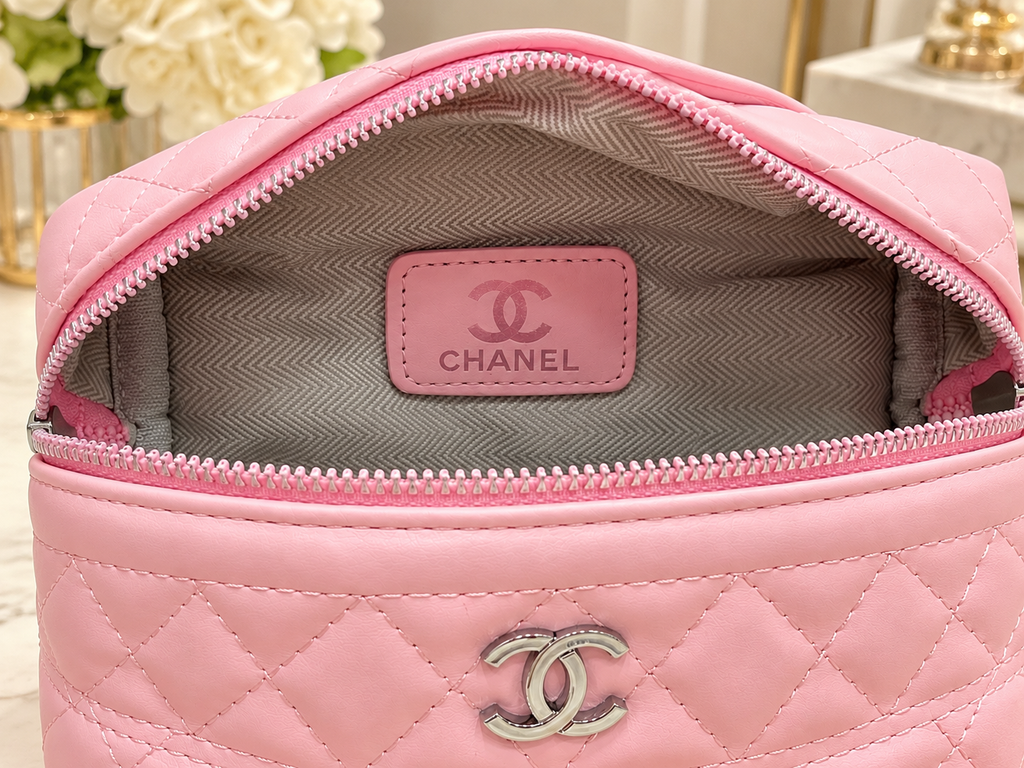 👑 Fashion Pink Quilted Vanity Bag | Silver Hardware & Matching Accessories