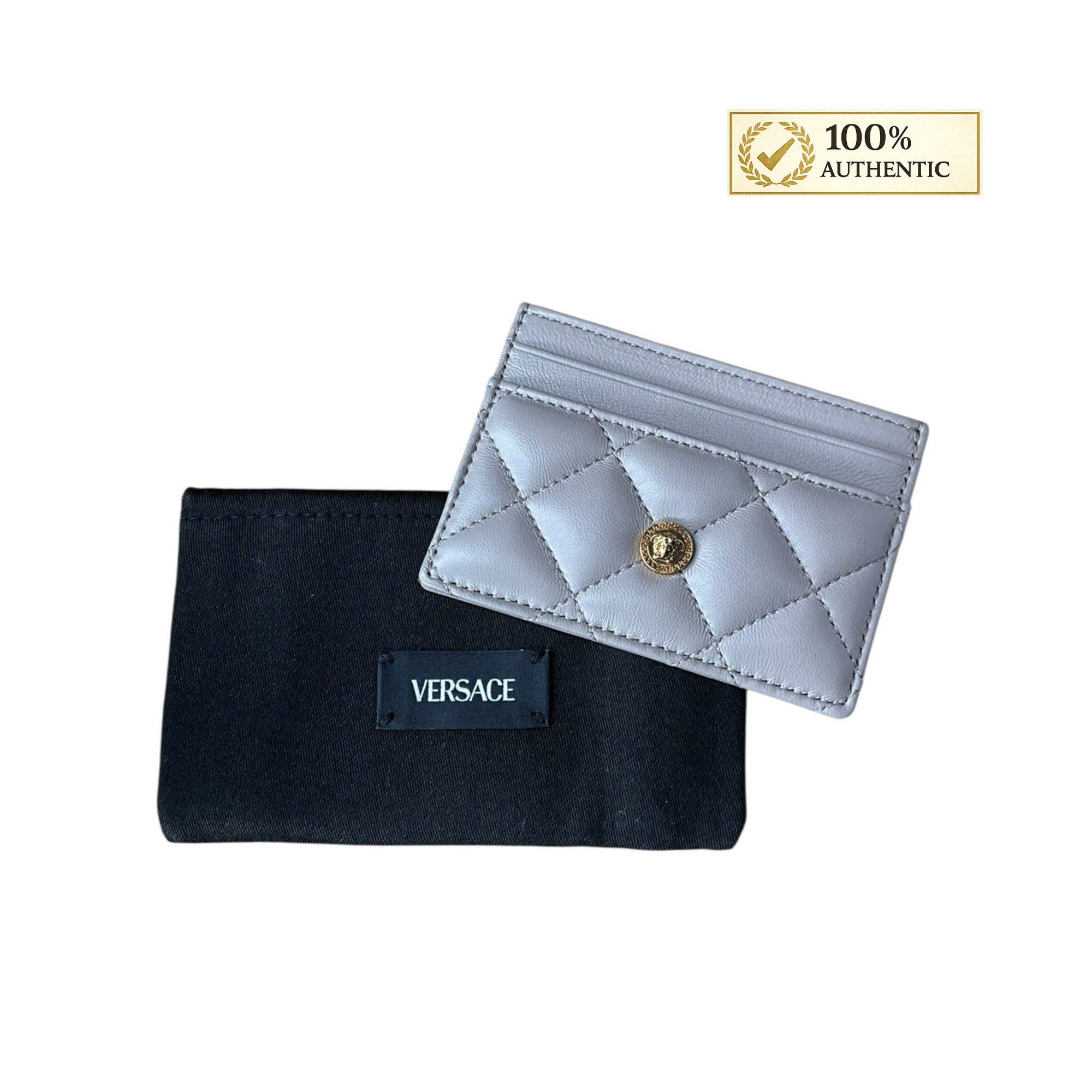 Authentic Versace Champagne Quilted Lamb Leather Card Holder