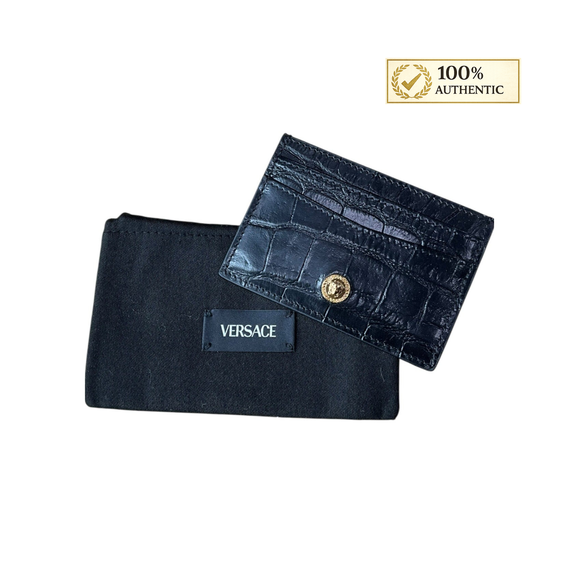 Authentic Versace Black Croc-Embossed Calf Leather Card Holder