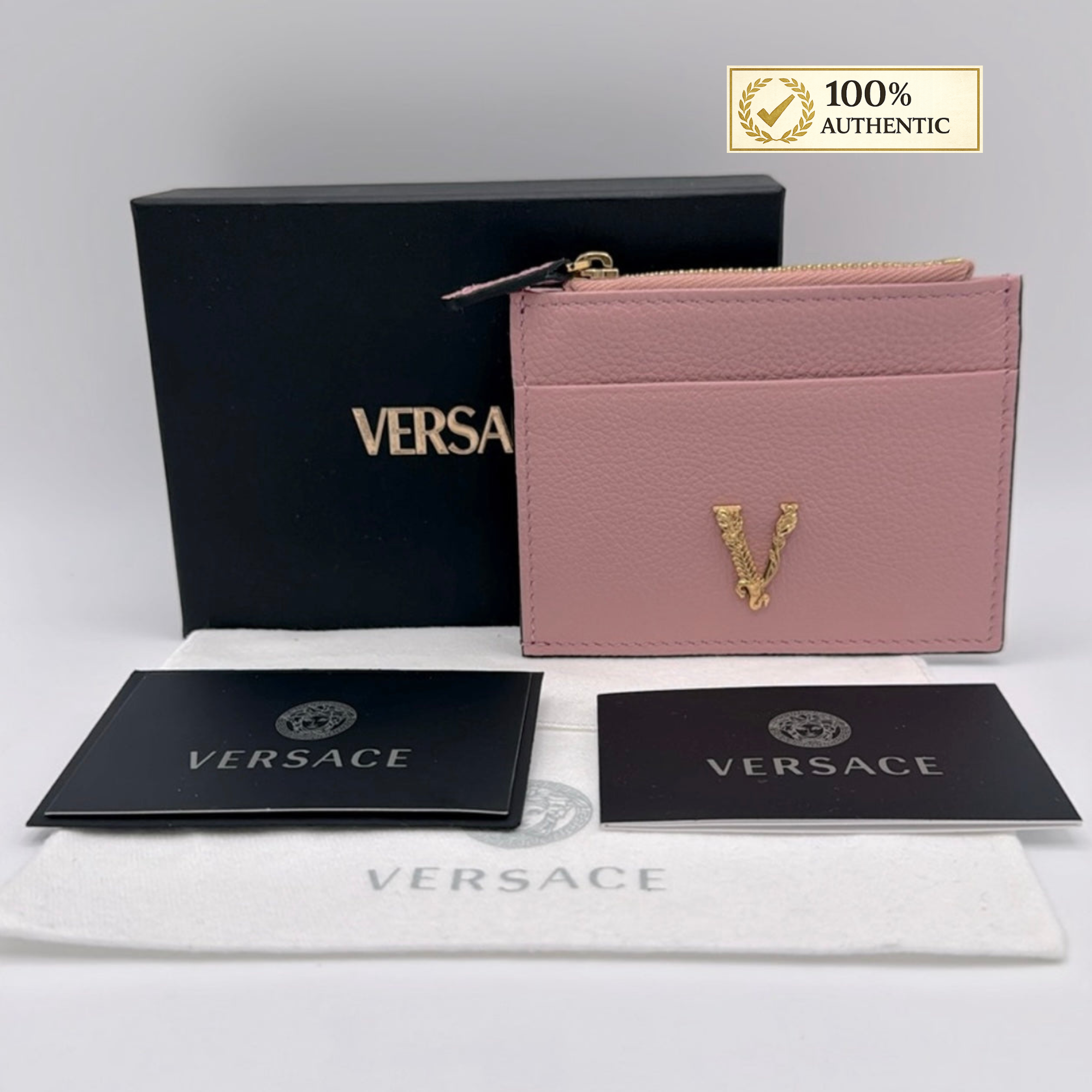Cartera tarjetero de piel granulada con logotipo Virtus de Versace NWB