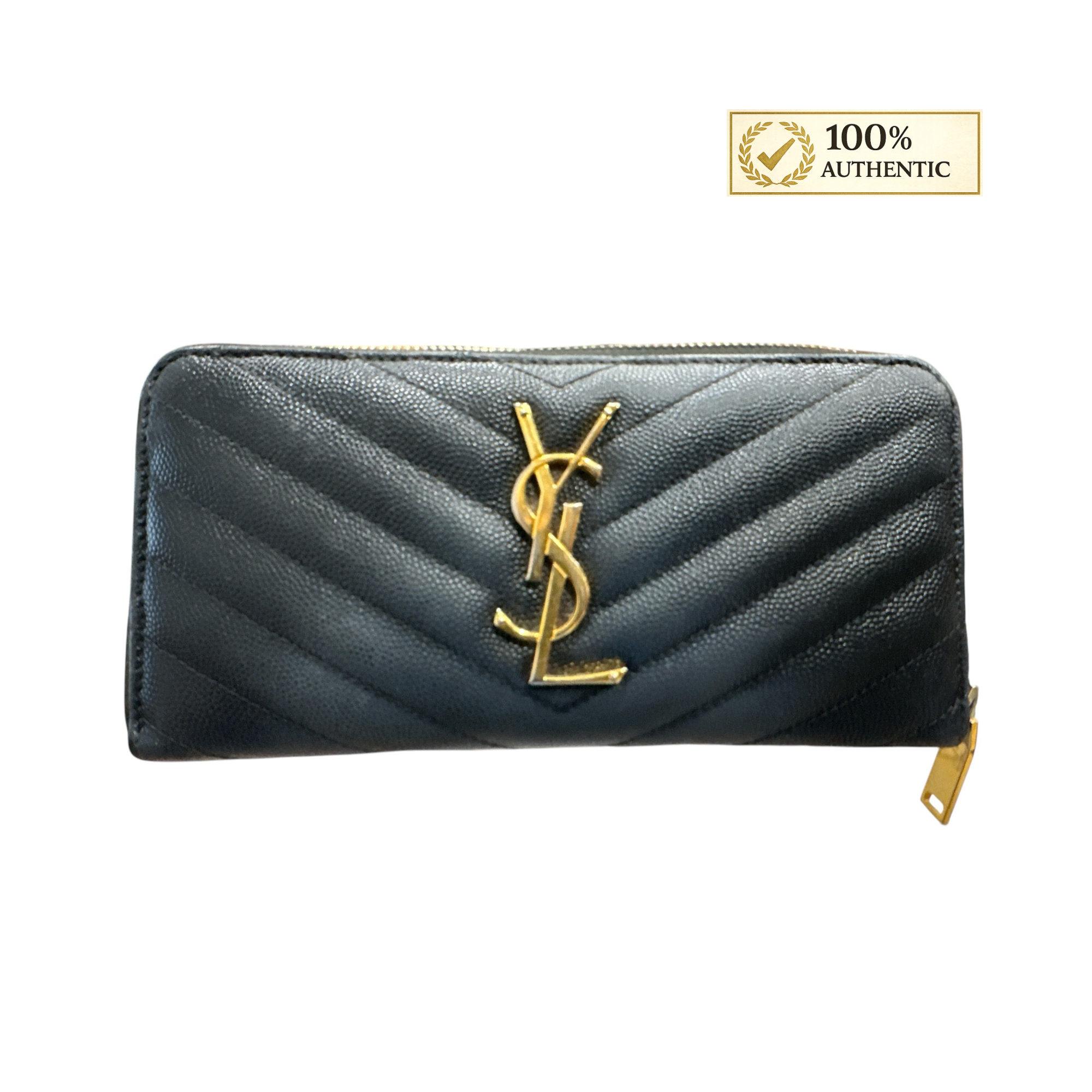Authentic Saint Laurent YSL Black Chevron Leather Zip-Around Wallet