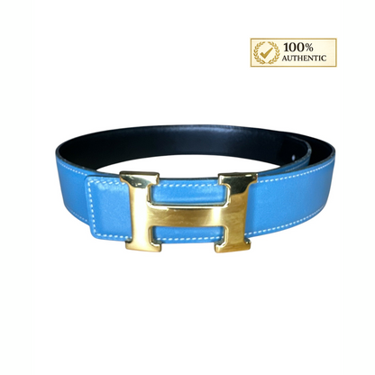 Hermes Blue & Black Reversible Leather Belt with Gold Buckle
