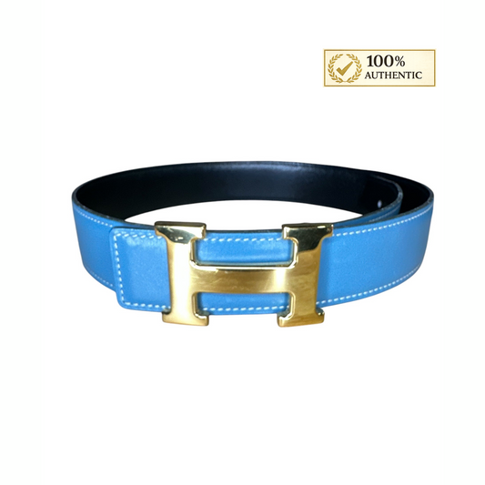 Blue & Black Reversible Leather Belt with Gold Buckle