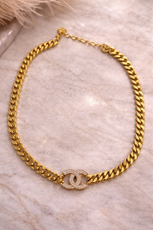 Gold Cuban Chain Initial Necklace – Bling Letter Detail (16"–18")