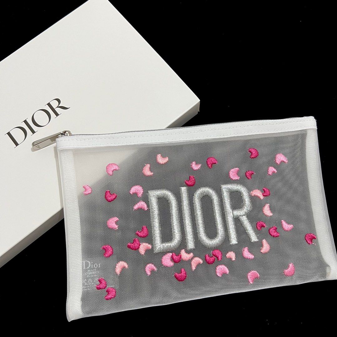 Dior Beauty Mesh Cosmetic Pouch – Pink Confetti Embroidery (GWP Exclusive)
